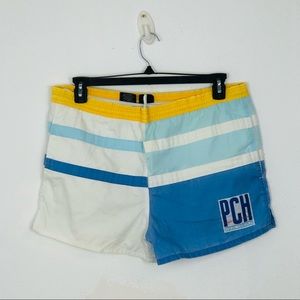 Men's Colorblock Swim Shorts - Blue/White with Yellow Waistband